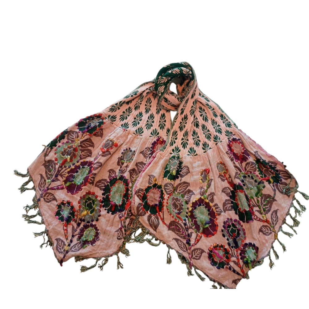 Floral Embroidered Scarf - Pink and Green